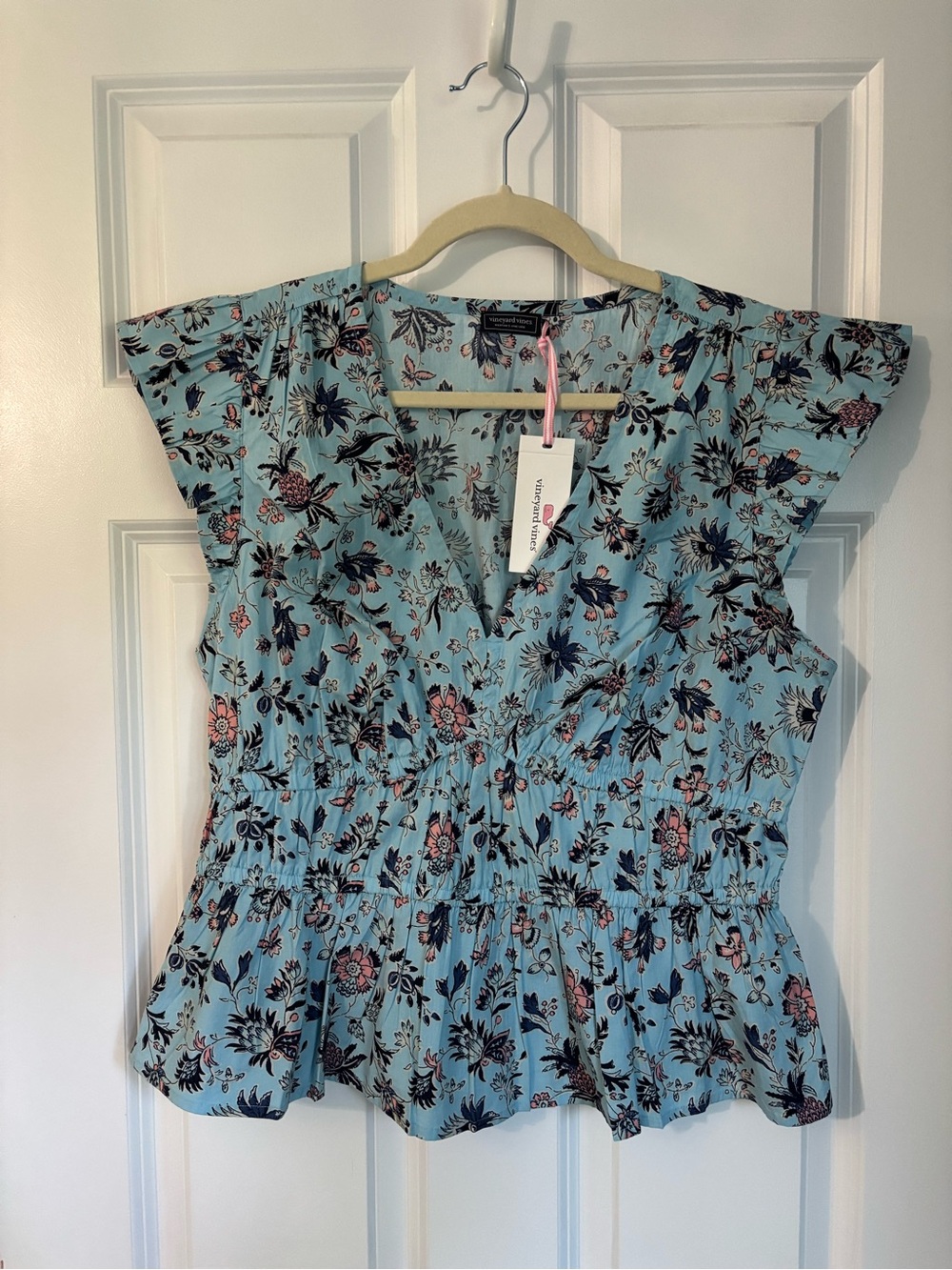 Vineyard Vines Light Blue Floral Peplum Blouse with Pink & Navy Accents